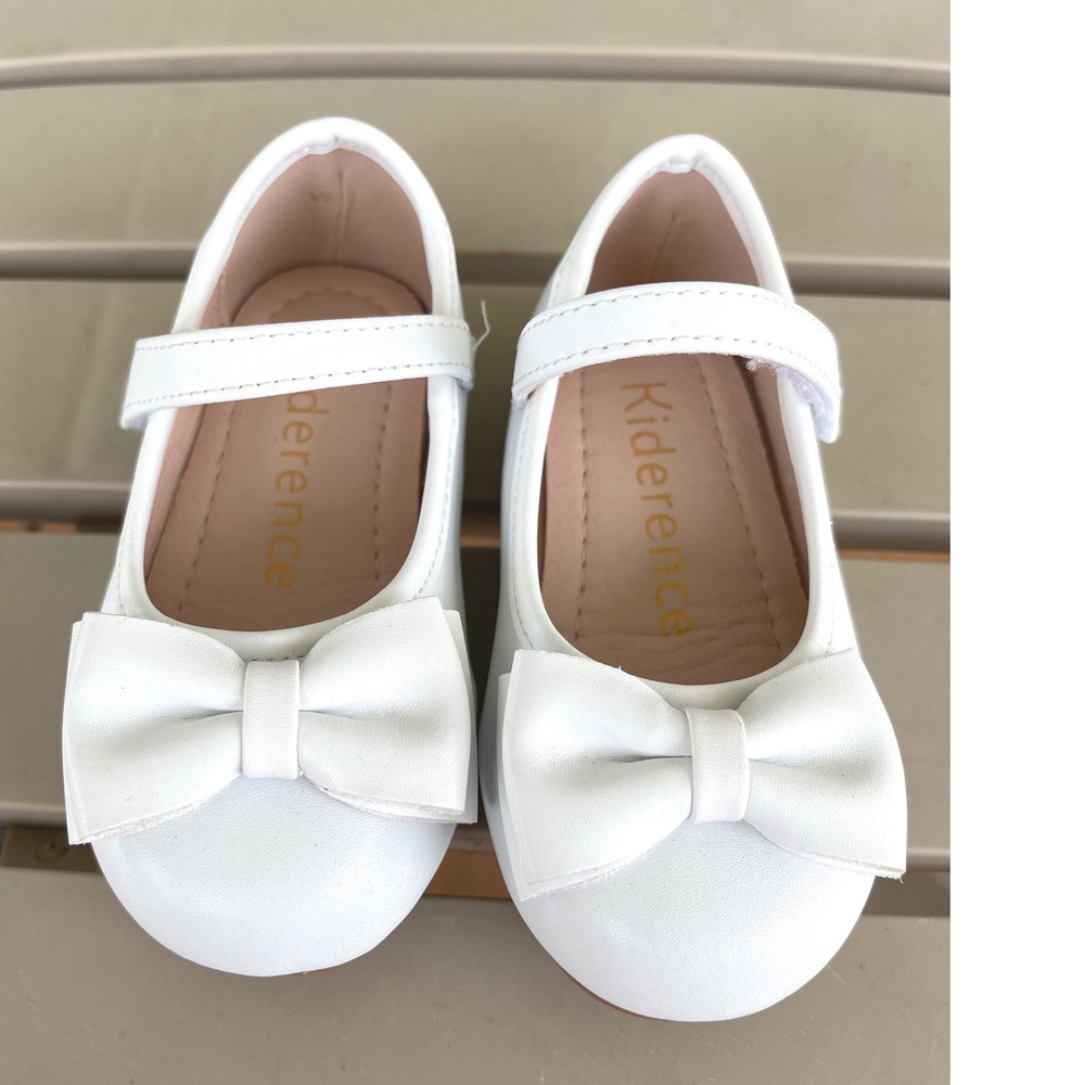 Kiderence Kids White Mary Jane Bow Flats Hook Loop Strap Size 5 (baby)